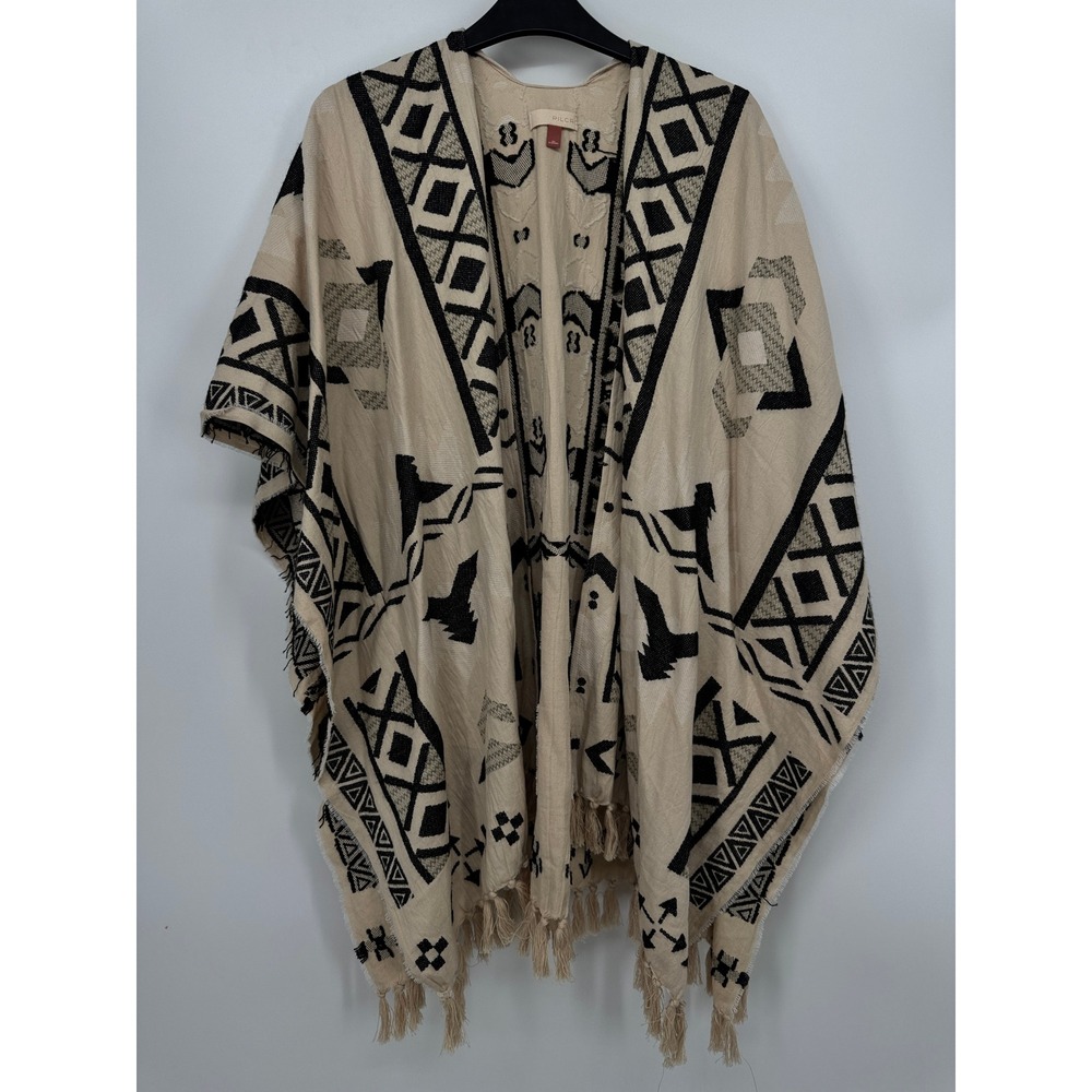 Pilcro Tribal Geometric Print Tassel Fringe Kimono Cardigan Cream Black